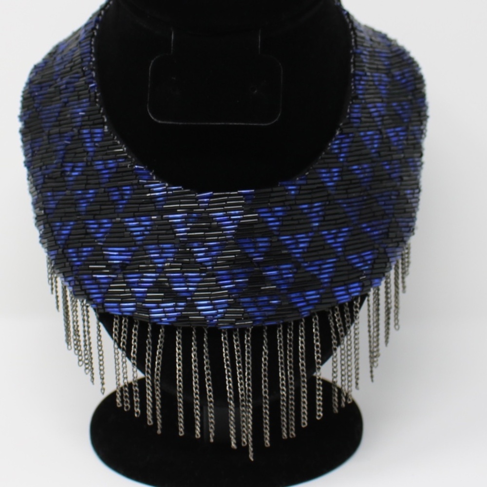 Fiona‎ Paxton Beaded Collar with Chain Royal Blue and Black Geometric Pattern